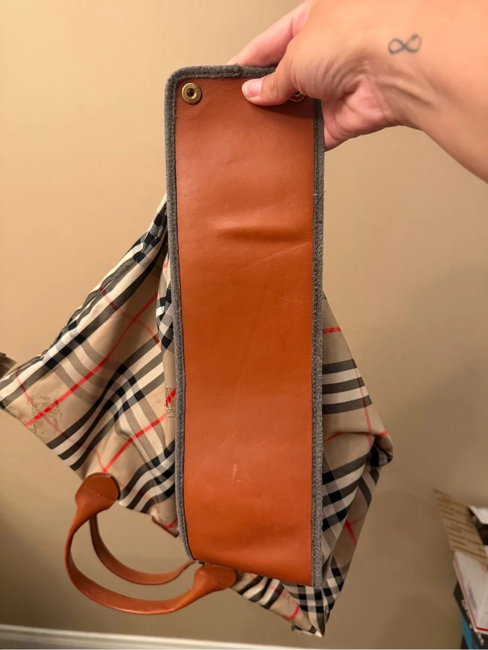 Burberry Travel Foldable Tote Bag in Beige with Leather Trims